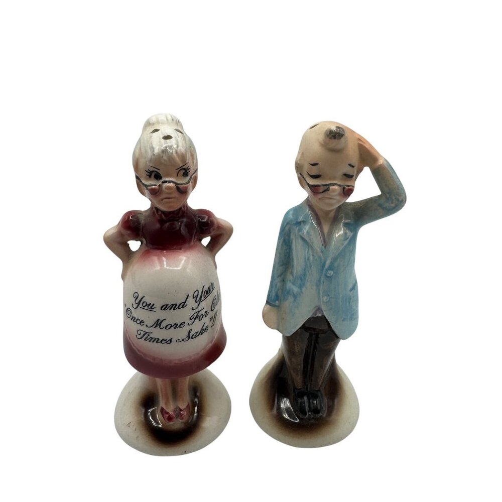 Vintage Ceramic Grandma & Grandpa Salt & Pepper Shakers Set With Text Detail